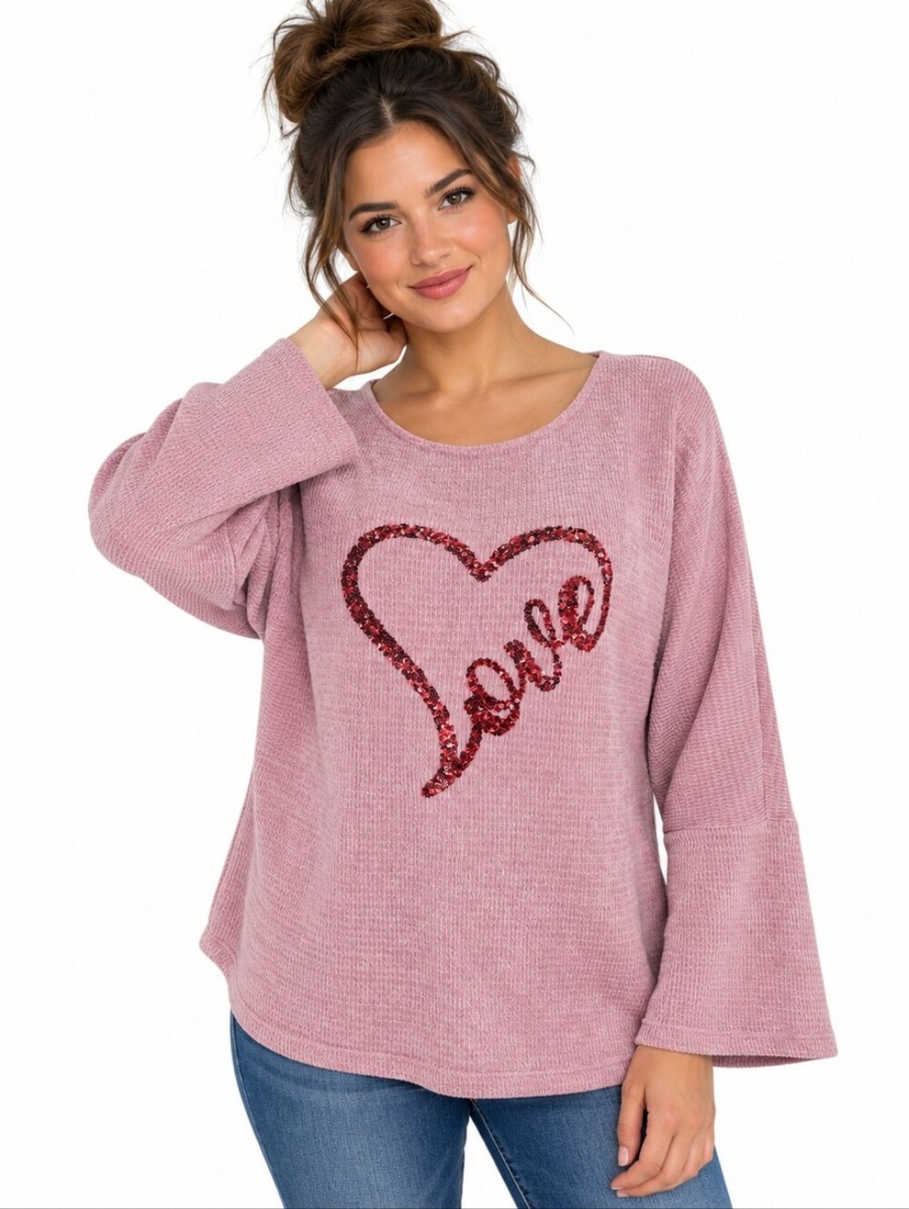 Chenault Sweater L Pink Red Sequin Heart Love Chenille Knit Valentine